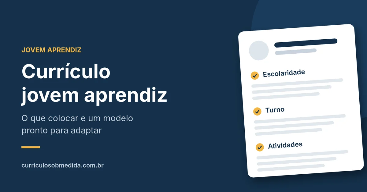Ilustração com o título Currículo jovem aprendiz e uma lista com os itens Escolaridade, Turno e Atividades