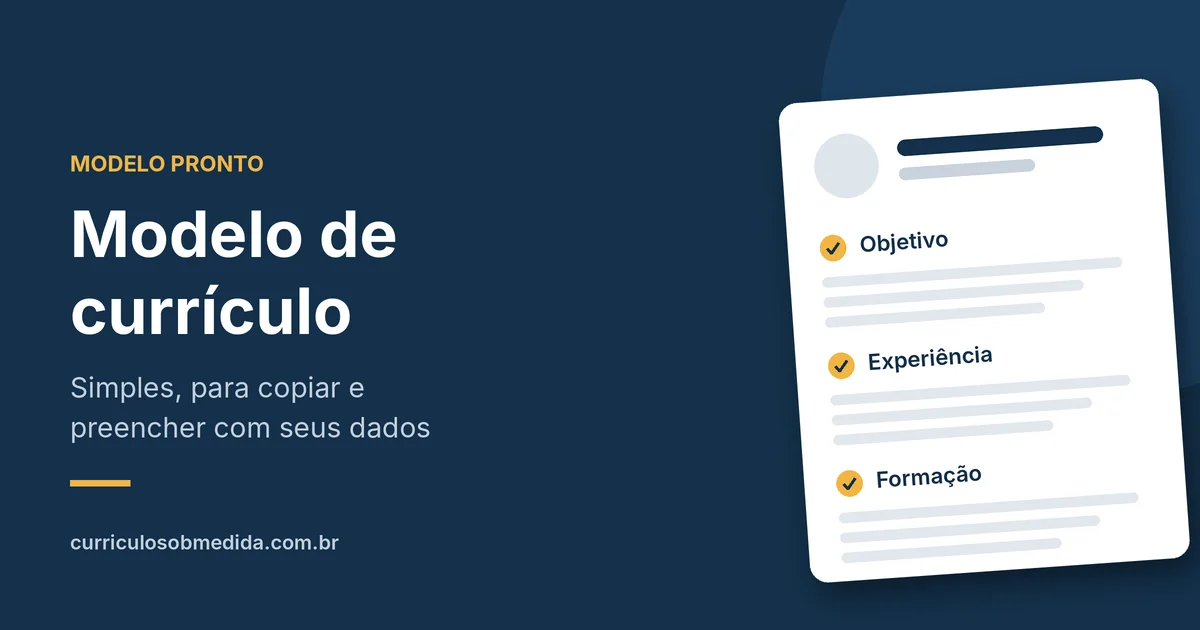Ilustração com o título Modelo de currículo e uma lista com os itens Objetivo, Experiência e Formação