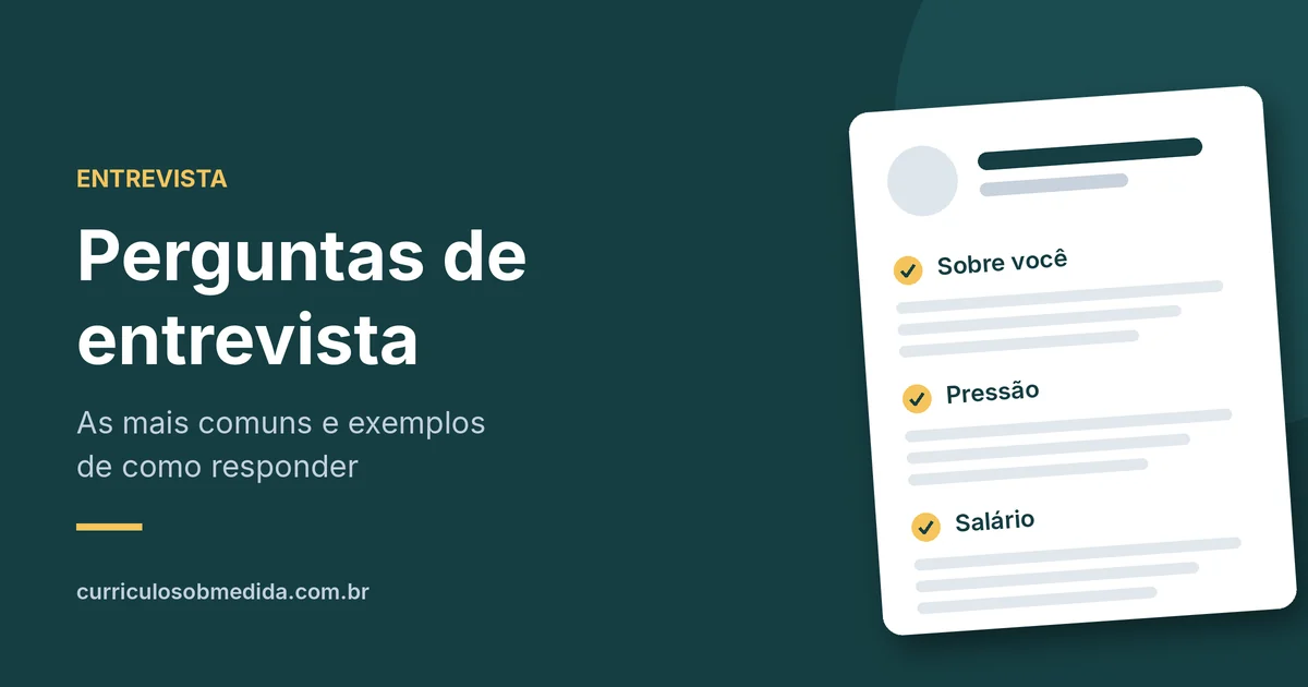 Ilustração com o título Perguntas de entrevista e uma lista com os itens Sobre você, Pressão e Salário